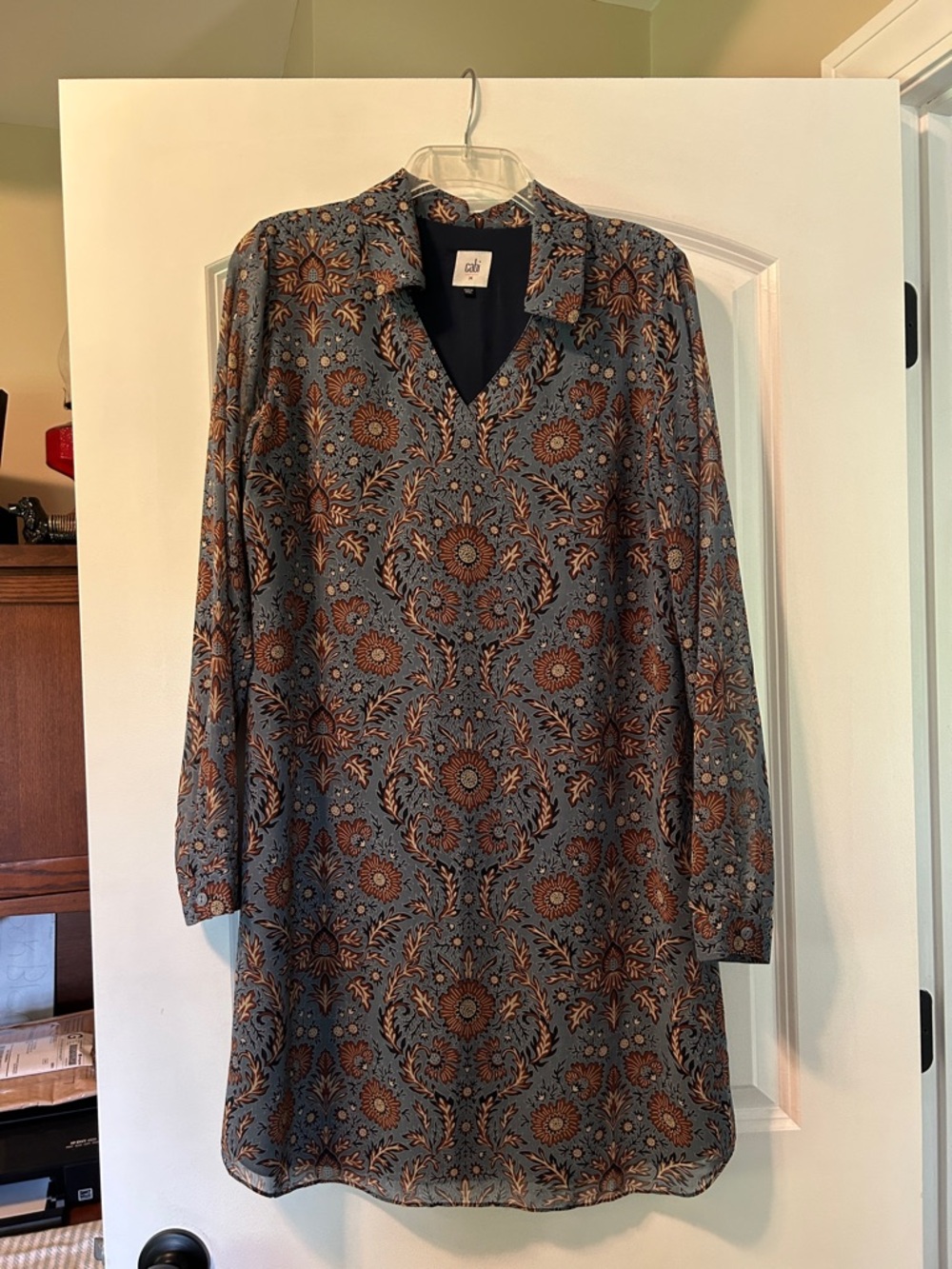 CAbi Blue and Brown Floral Long Sleeve Shift Dress
